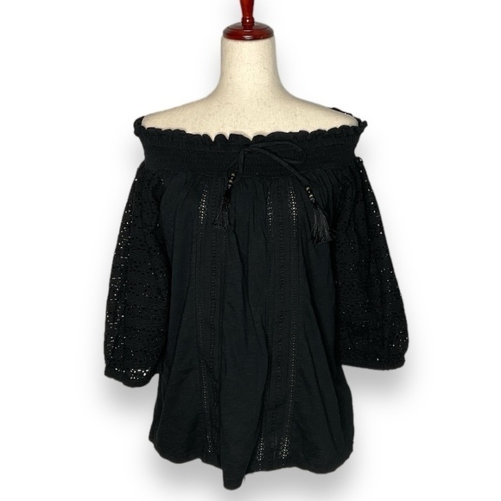 NWT Lauren Ralph Lauren Black Smocked Neck Off Shoulder Eyelet Balloon Sleeves M